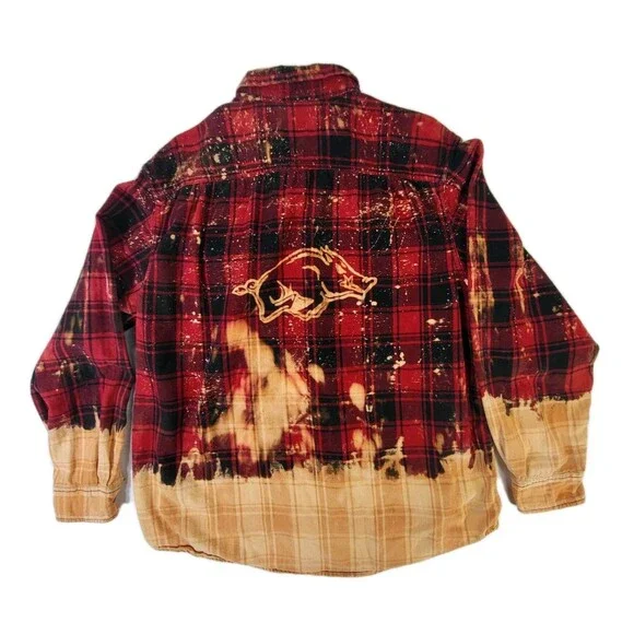 Arkansas Razorbacks Bleached Red Orange Flannel Button-Up Shirt 2XL 50-52 Hogs - Picture 2 of 10
